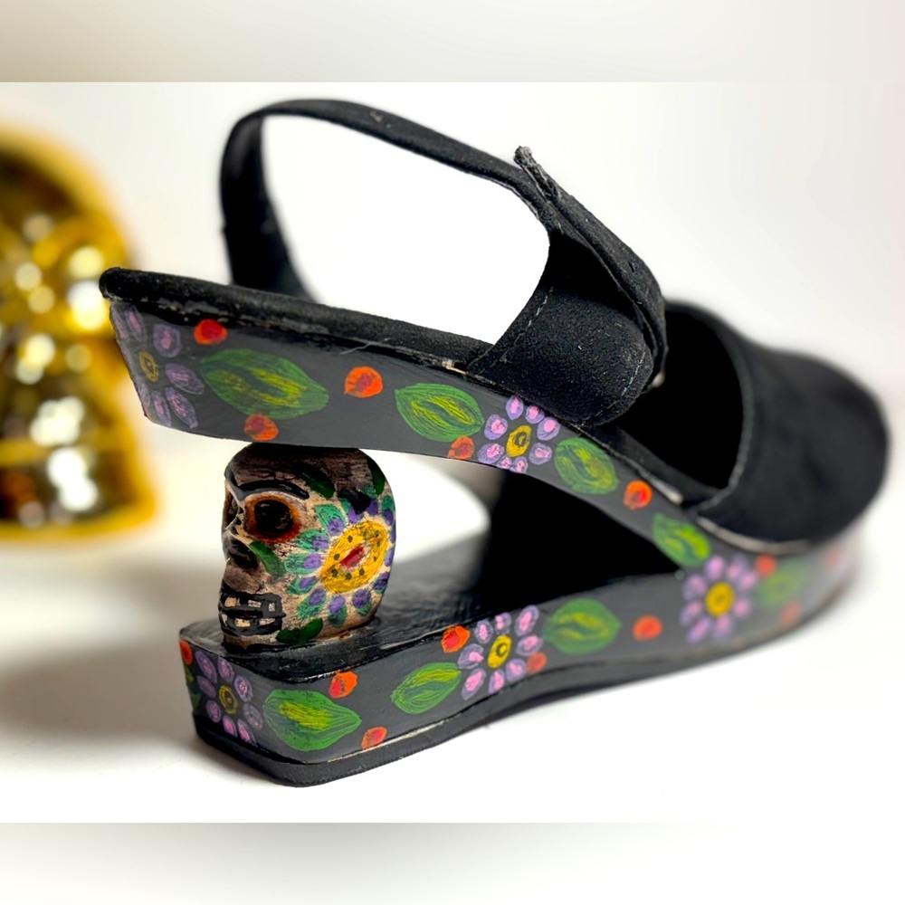 ONE OF A KIND Sugar Skull Mary Jane Handmade Wedge Platform Heel Punk Goth SZ7 - Picture 1 of 11